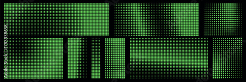 Set of bitmap pixel background with green gradient pattern and 8bit art. Glitch video game design.
