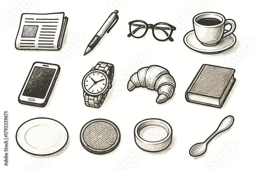Pen croissant coffee spoon cup glasses vector book icons icon coaster plate