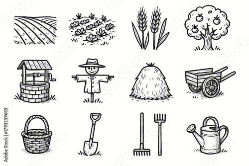 Basket set field stalks wheat can icon vegetable rural shovel watering vector