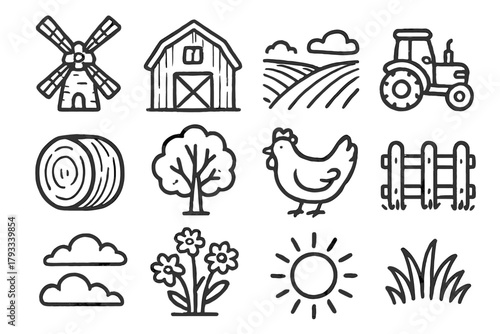 Country patch icons scene windmill tractor icon grass fence hay sun vector