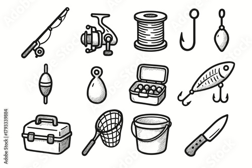 Hook bucket fishing lure icons spool net float icon box vector gear