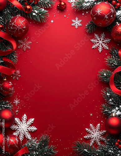 Marco con una temática marcadamente navideña y festiva, Un rojo vibrante y profundo que ocupa el centro de la composición, sirviendo como un espacio vacío ideal para texto o contenido.