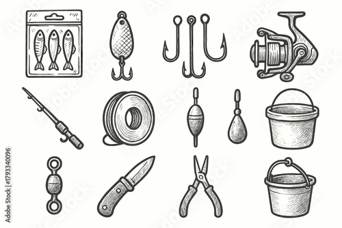 Fishing knife set reel icon vector rod bait pliers gear spool line