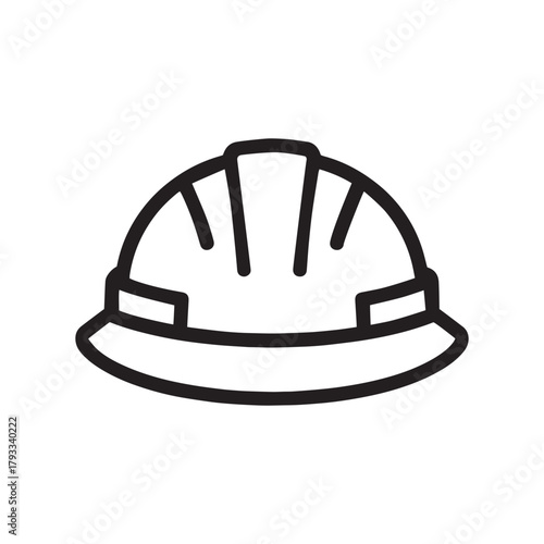 A simple black outline icon of a construction hard hat, representing safety, protection, and work