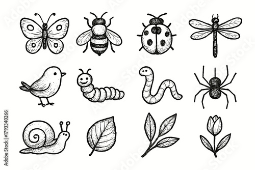 Flower vector dragonfly garden bee icons leaf ladybug bird branch snail icon