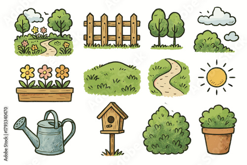 Sun path can trees birdhouse garden clouds icon vector pot view icons