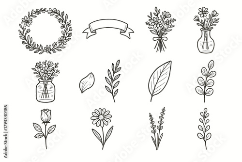 Bud icon eucalyptus flower vector ribbon vase set petal wreath floral branch