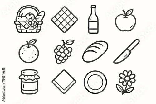 Orange plate vector icons bread basket fruit loaf icon napkin cloth jam