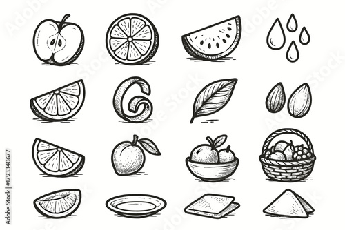 Curls vector plate pits segments icons stems napkin fruit basket icon leaves