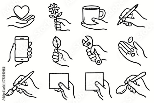 Leaf phone vector holding flower gesture spoon brush card hand icon seed