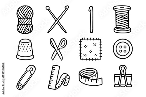 Collection crochet ruler clip knitting button patch vector icon skein pin spool