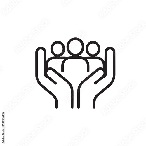 Hands holding a group of people icon, symbolizing care, support, and community