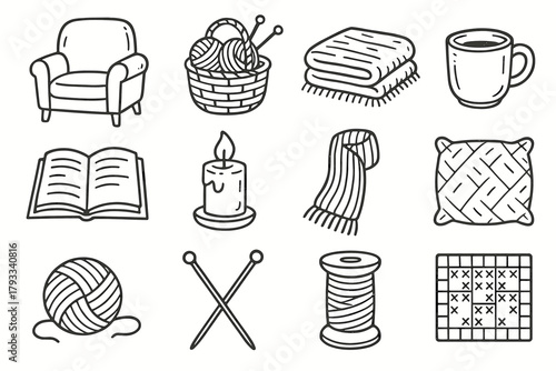 Icons icon blanket basket scarf folded essentials pattern knitting chair vector cozy