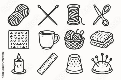 Icon pin vector knitting thread blanket cushion icons ruler thimble set bundle