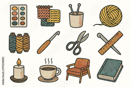 Palette candle vector ball yarn knitting crochet icon ruler needles chair essentials