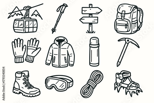 Gear trail sign hiking crampon car gloves icon pole mountain thermos vector