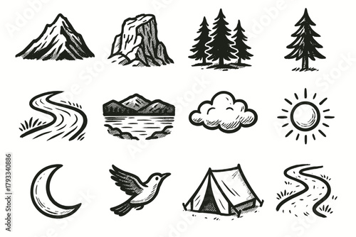 Peak mountain moon sun lake cliff path view vector icon forest icons