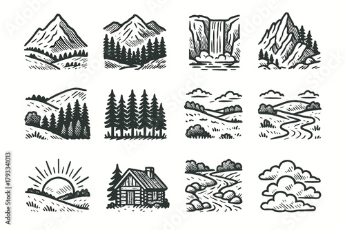 Stream snowy summit waterfall mountain view sunrise valley icon vector ridge icons