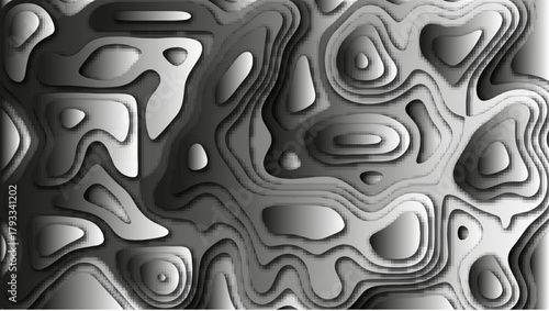 A topographic abstraction, executed in grayscale, creates the illusion of volumetric relief. The image represents a map of an unknown landscape or an organic structure.