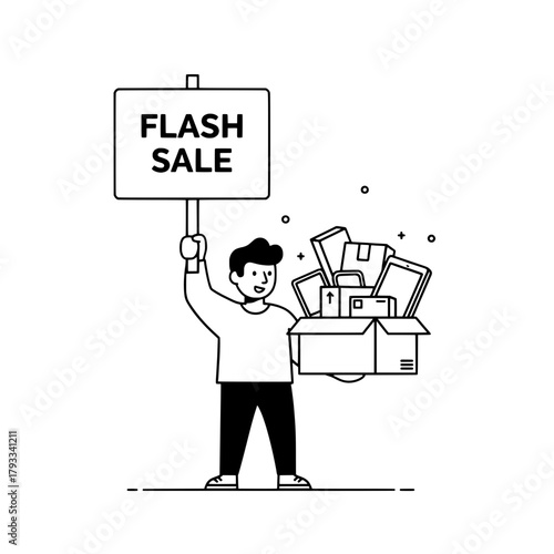 Male character promotes flash sale event holding sign and carton box in minimal style advertising
