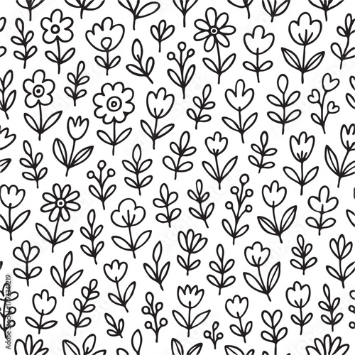 A black and white drawing of flowers with a white background. The flowers are drawn in a stylized way, with some of them having a more delicate appearance