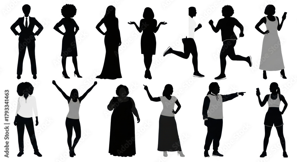 Fototapeta premium A collection of multiple black female silhouettes in diverse poses and attire (business, evening, casual, athletic wear) against a transparent minimalist background, showcasing empowerment,