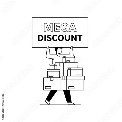 Man carrying boxes advertises mega discount sale in retail marketing