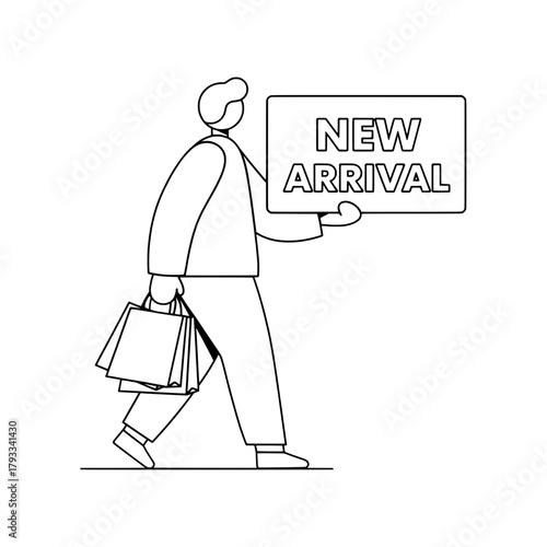 Man carrying bags displays new arrival sign in monochrome outline illustration