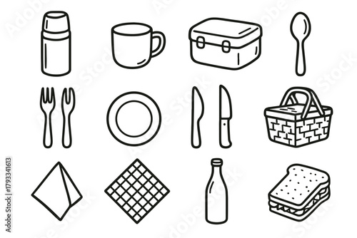 Set lunchbox vector napkin cloth bottle picnic icon cup plate knife basket