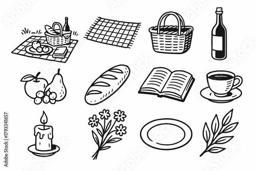 Icon plate bread vector fruits picnic mat flowers collection bottle cozy