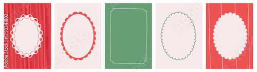 Collection of retro style Christmas and New Year vintage frames. Cute hand drawn New Year quirky oval borders. Vector flat design.