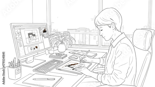 Modern office workspace, designer at desk, digital tablet, creative professional, urban view, stylus, architecture software, productivity, focus
