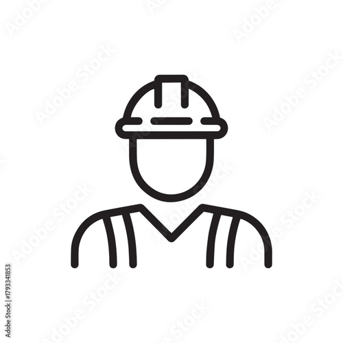 A black and white line icon representing a construction worker or engineer wearing a hard hat