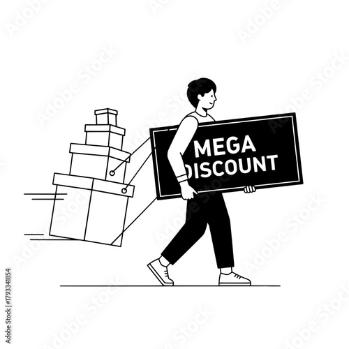 Person carries gifts advertising mega discount sale promotion in minimalistic style