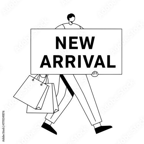 Person carries sign announcing new arrival holding shopping bags in minimalist graphic