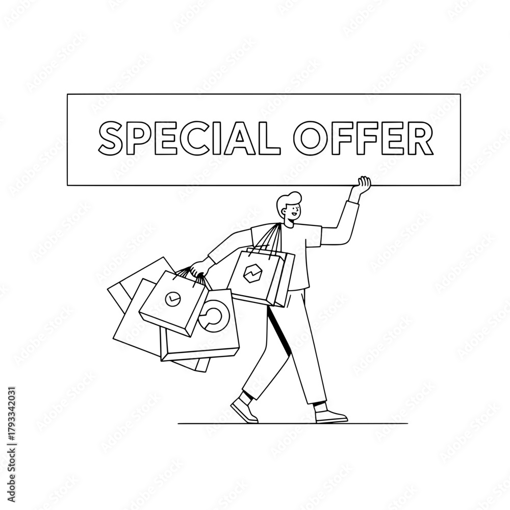 Naklejka premium Person holding bags displays special offer message during shopping sale promotion
