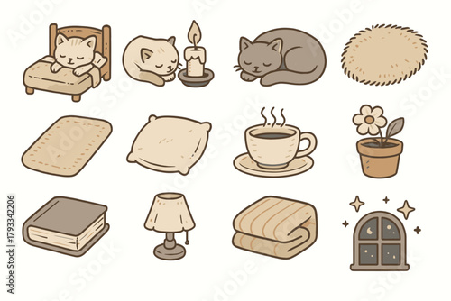Kitten lamp tea cat sleepy icon soft folded vector cup pot