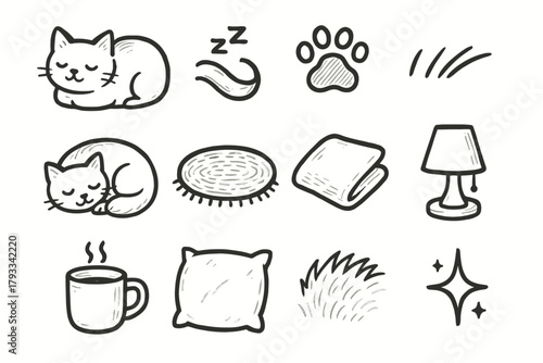 Vector icon sleepy strokes pillow lamp cat edge curled spark sleeping tea