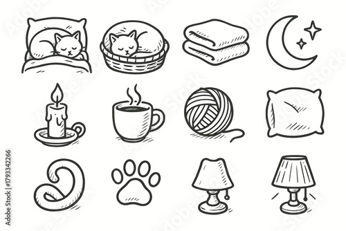 Sleeping basket folded cup icon stars yarn moon vector cat sleepy