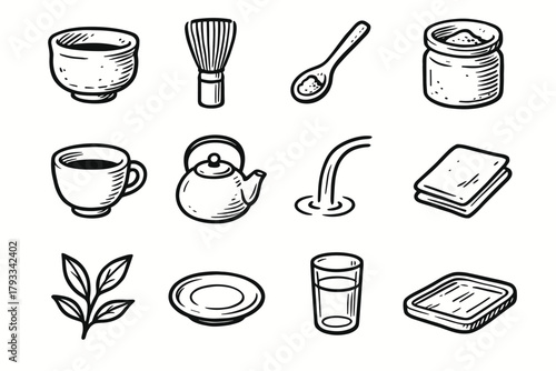 Tray tea vector sprig whisk bamboo icons saucer icon matcha glass stream