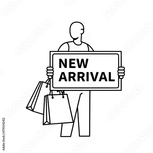 Shopper carries merchandise holds signboard in store promoting new arrivals for retail sales