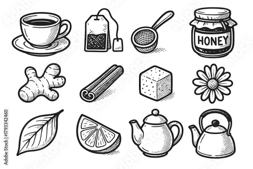 Wedge pot essentials tea icons vector cinnamon cube honey icon slice sugar