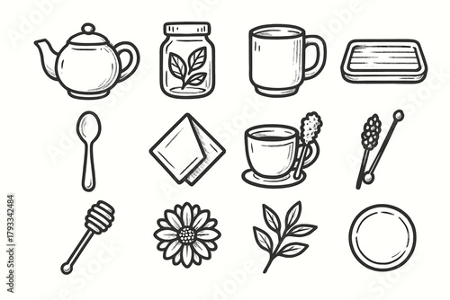 Vector leaf ceramic icons icon honey tray flower essentials herb dipper tea