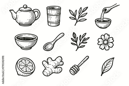 Vector tea lemon bowl spoon ginger cup icons saucer teapot icon honey