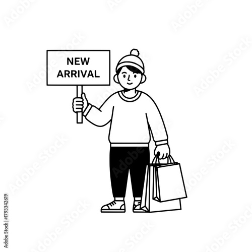Shopper illustration promotes new arrivals holding bags in store minimalist style retail scene