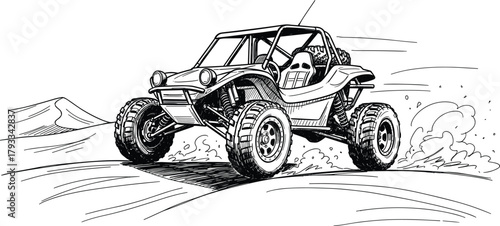Off-road dune buggy racing through desert terrain, rugged tires, dust trail, adventure vehicle, extreme sport, dynamic motion illustration