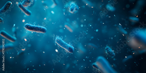 3D render of floating bacteria in blue scientific fluid with particle effect
