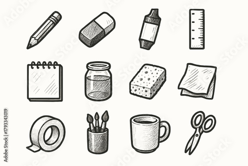 Stand desk icon vector artist icons mug napkin roll brush scissors marker