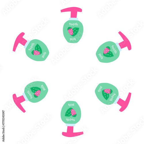 Cute round frame with flat toothpaste in bottles with dispensers isolated on white background. Dental oral care.