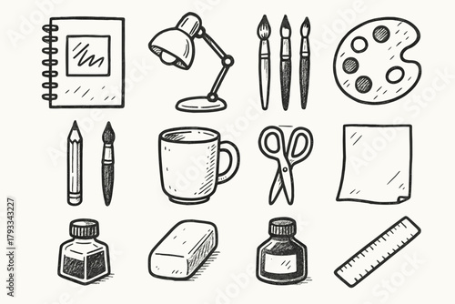 Lamp pencils palette artist elements icons desk vector ruler ink mug sketchbook